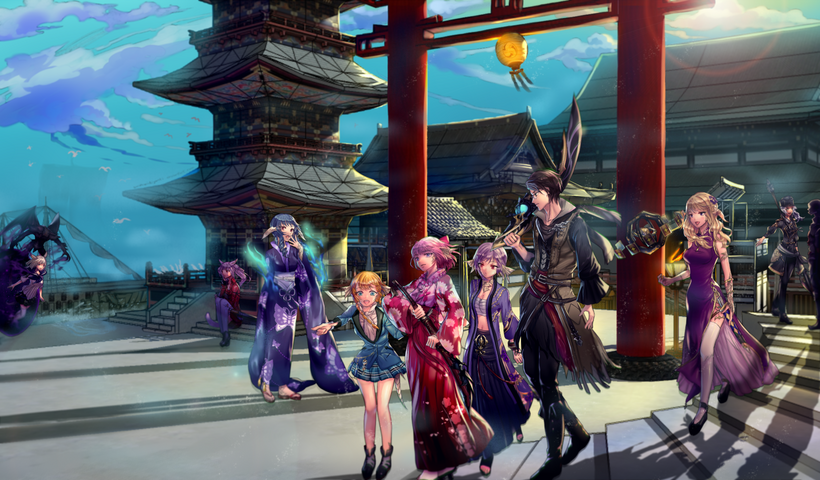 Phoebe, E'lliena, Amaterashi, Akimi, Okogoshi, Tatsumi, Daedalus, Hoshiko, and Solia; Art by SarahWidityanti Phoebe, E'lliena, Amaterashi, Akimi, Okogoshi, Tatsumi, Daedalus, Hoshiko, and Solia; Art by SarahWidityanti